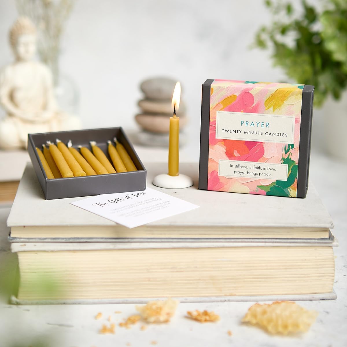 Signature Collection - Prayer Candle Set (Abstract) by Cotton & Grey - 12 Pure Beeswax Twenty Minute Candles with Ceramic Holder for Prayer, Reflection and Well-Being