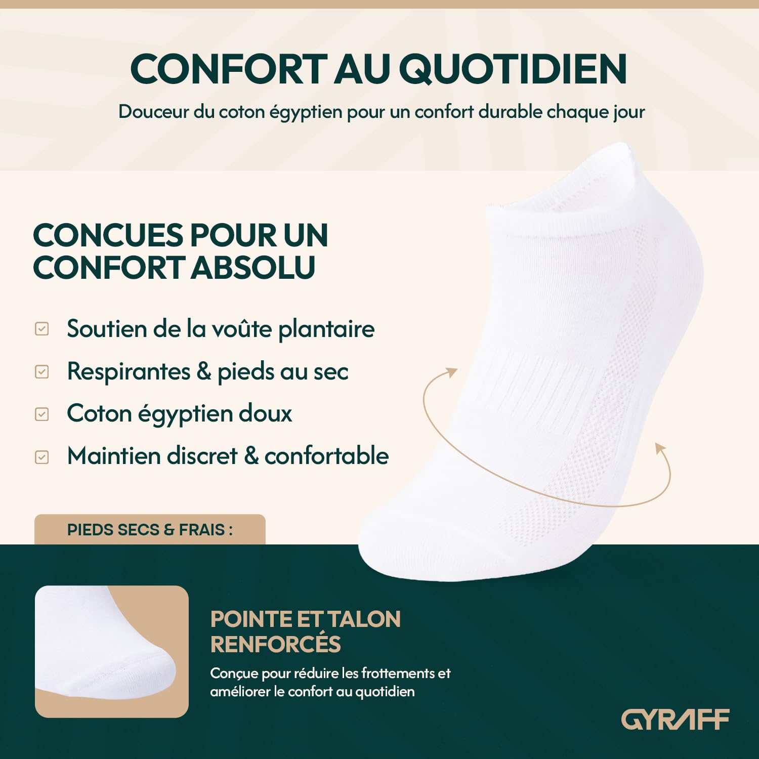 Socquettes de luxe en coton égyptien, Lot de 6, Marque française, Chaussettes Basses antidérapantes, Anti transpiration, renforcées, douces, fines, Homme Femme, Blanches Noires, 35-38, 39-42, 43-46