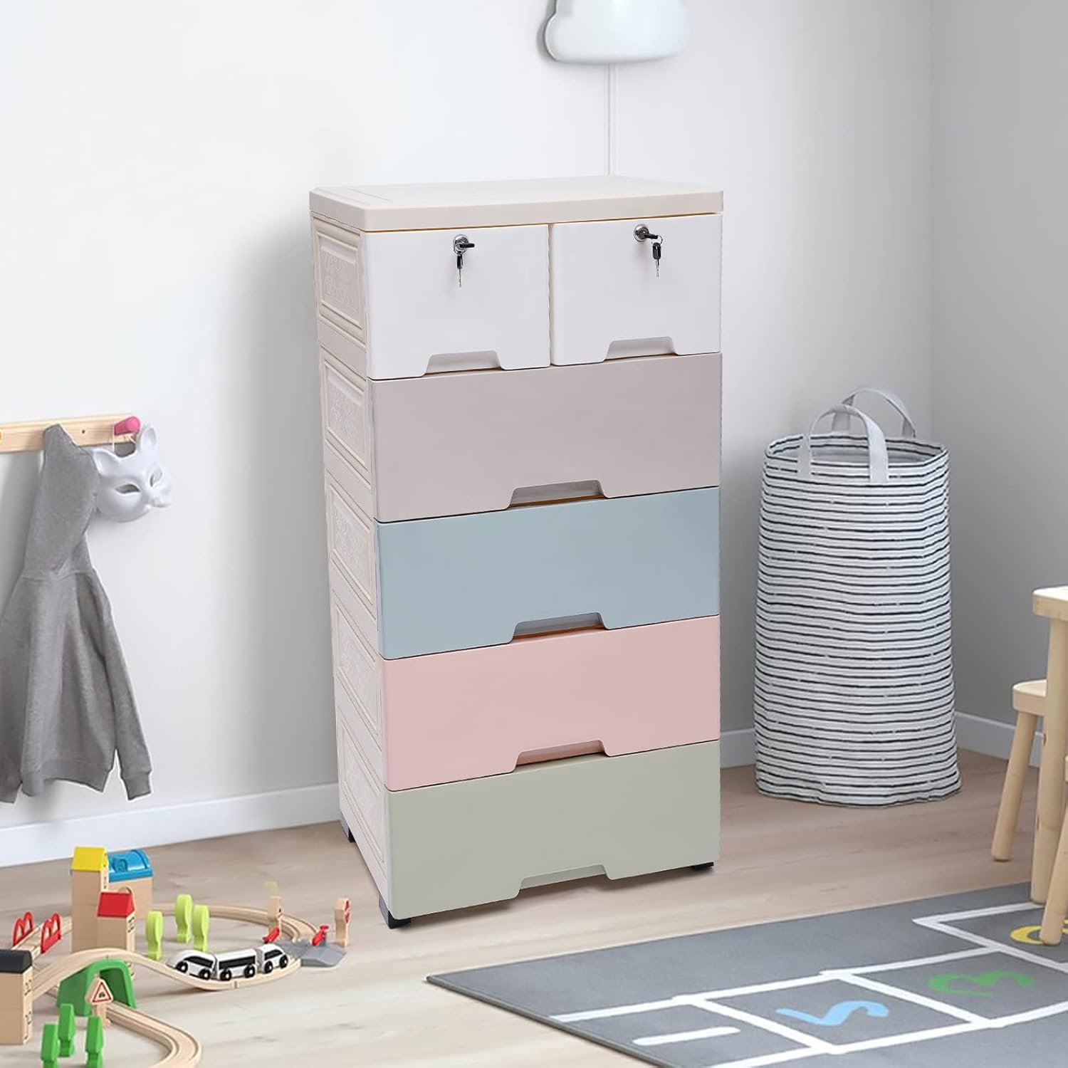 Plastic Drawers for Clothes, 5-Tier 6-Drawer Plastic Drawer Storage, Food-Grade PP Material, Lockable Drawers, Storage Drawers for Bedroom/Playroom (Multi-Color)