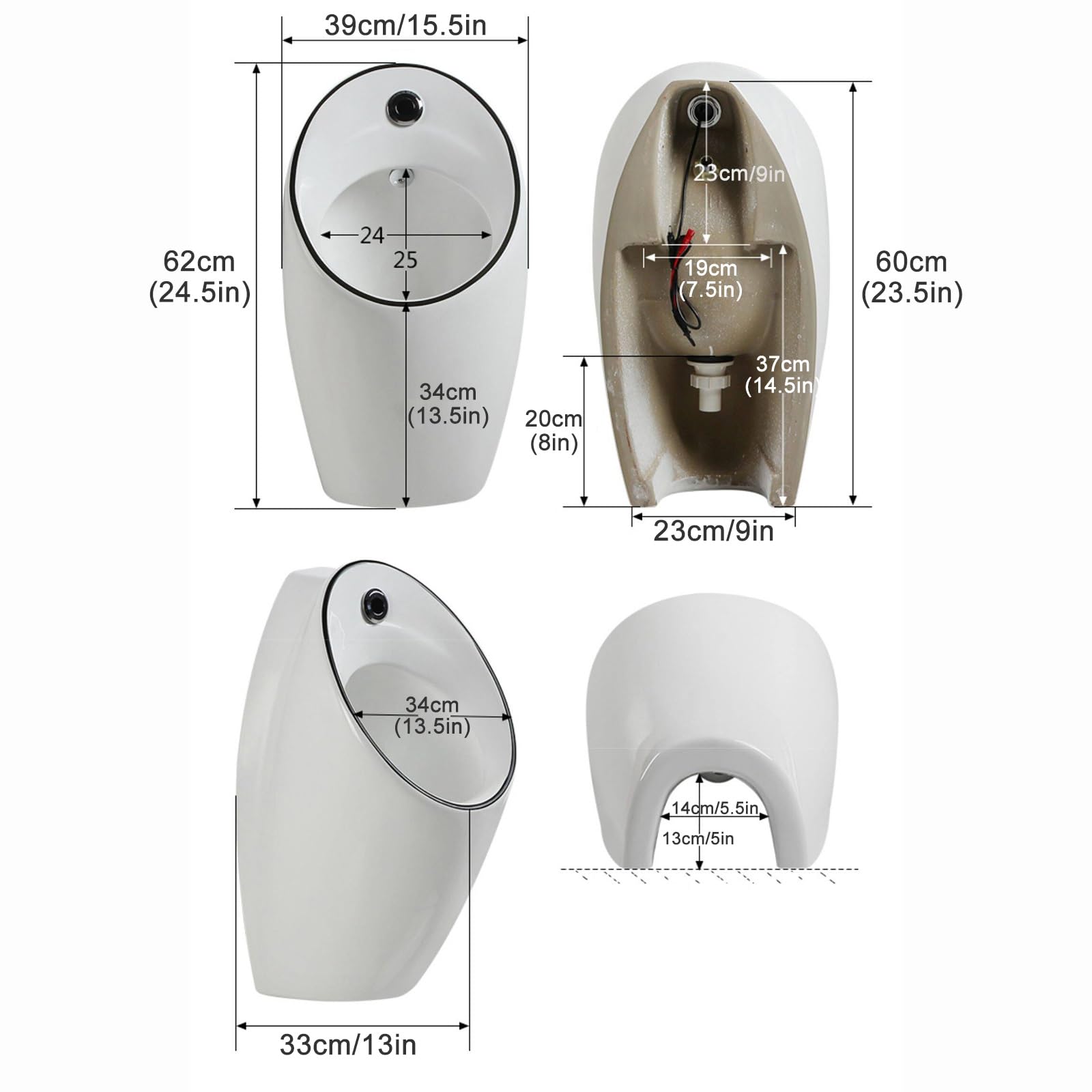Orinatoio Uomo a Parete con Risciacquo Automatico Sensore, Ceramica Orinatoio Commerciale & Orinatoio Domestico per Bagno Maschile Garage Locali Attività Commerciali(White)