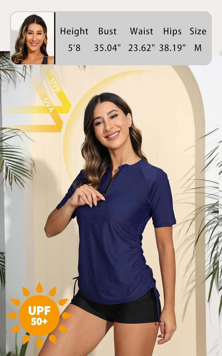 Halcurt Women's Half Zip Short Sleeve Rash Guard Swim Shirt with Tie Drawstring UPF50+ Swimsuit Top - Image 3