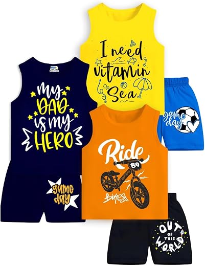 KIDDIFY Baby Boys Printed Kids Clothing Sets - Unisex Clothing Sets Sleeveless T-Shirt &amp; Shorts (Pack of 3, Multicolor 1)
