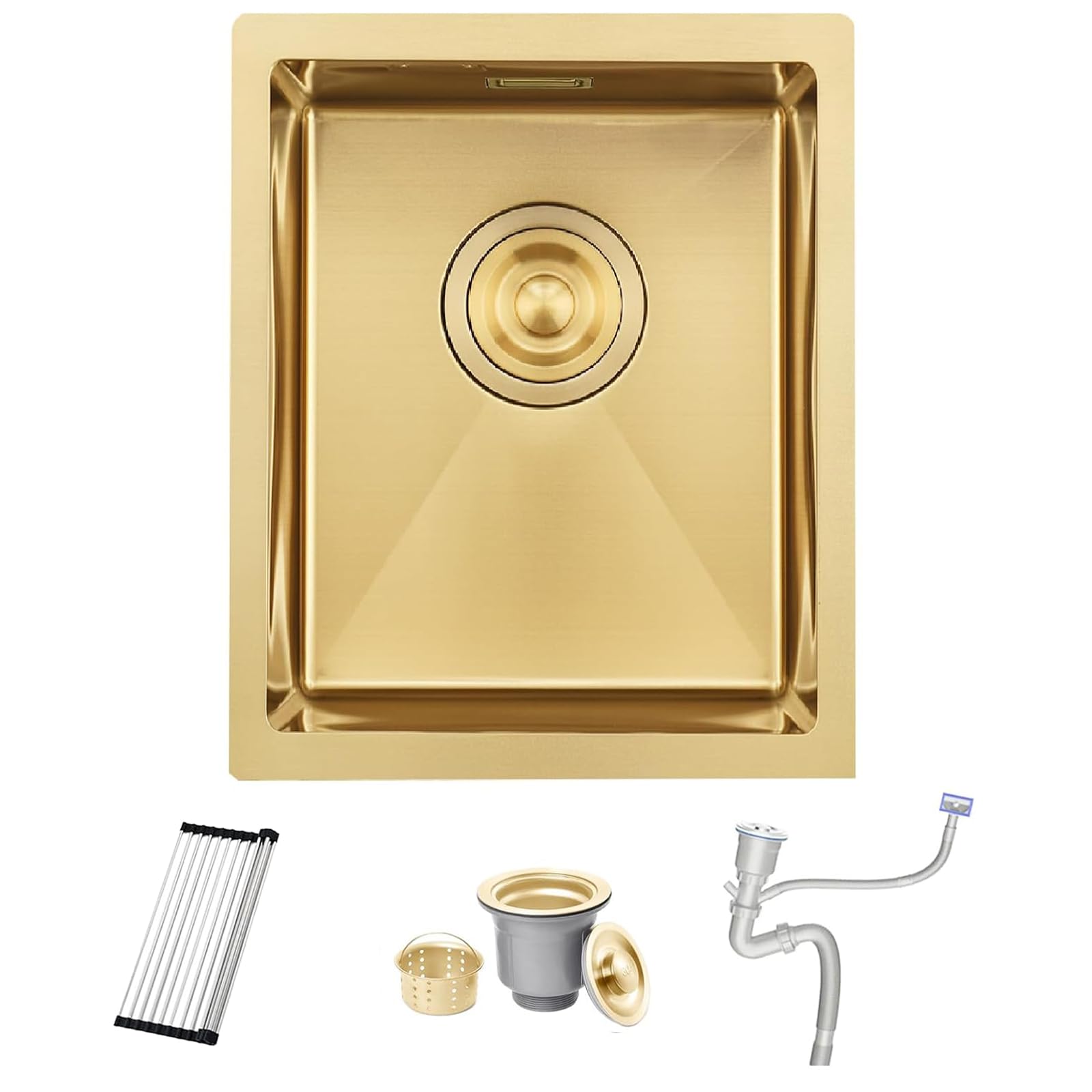 Bokaiya Gold Bar Sink, Undermount 35 x 45 cm Bar Prep 16 Gauge Stainless Steel Single Bowl Kitchen Sink, Small Rv Single Bowl with Overflow, Roll-up Rack and Siphon
