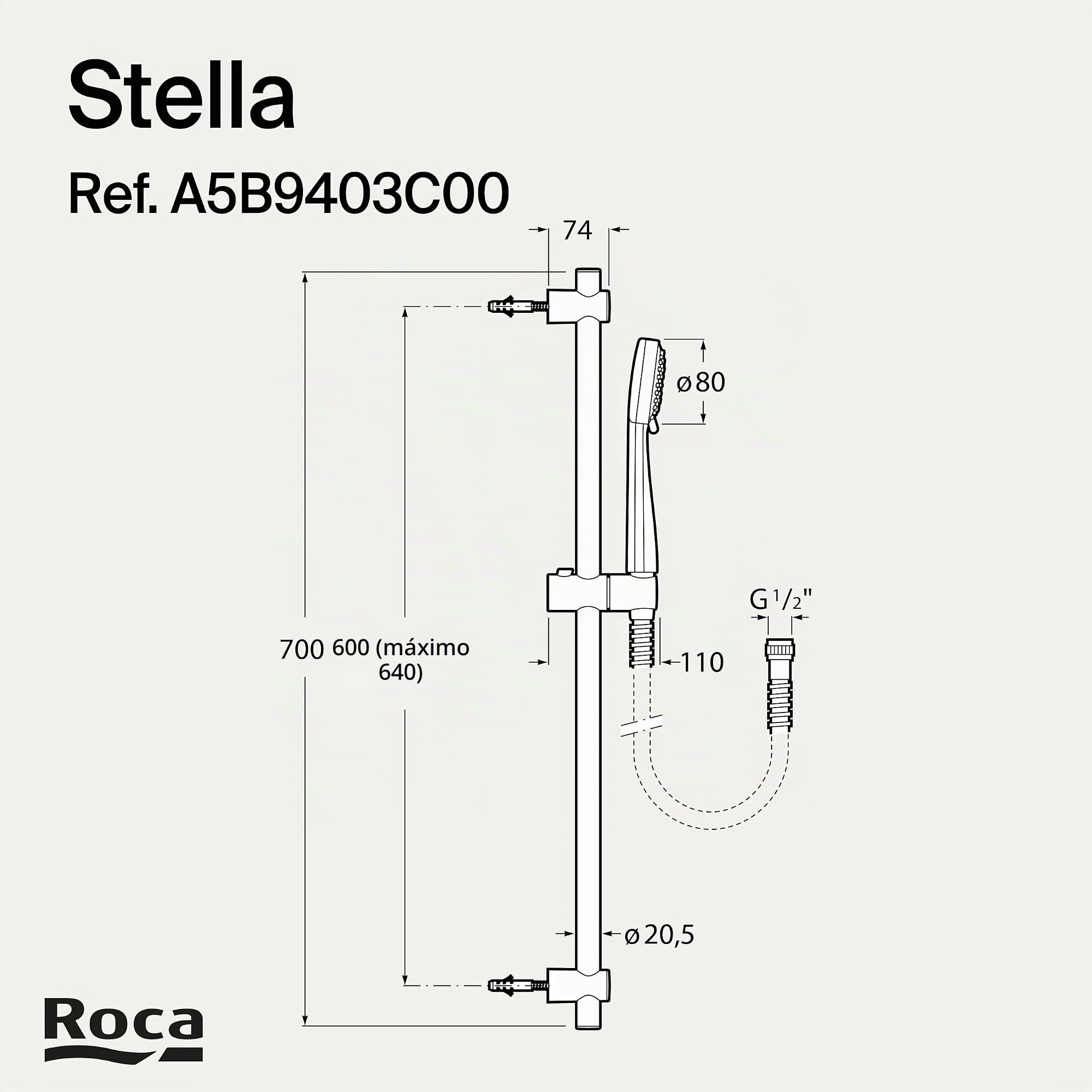 Roca,Stella,Kit de ducha. Incluye ducha de mano de 80 mm de 1 función, barra de 700 mm, soporte regulable para ducha de mano y flexible de PVC de 1,70 m,A5B9403C00