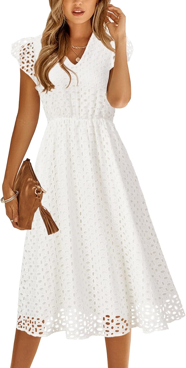 Women's 2025 Ruffle Sleeve Eyelet V Neck Mini A Line Casual Elegant Holiday Wedding Guest Party Dresses with Pockets