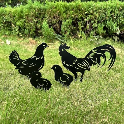 JXCBXJ Chicken Farm Art Garden Decoration,Lifelike Chicken Yard Art Rooster and Hen with Chicks Metal Silhouette Statues,for Pathway, Floor, Garden, Lawn, Outdoor Decoration,Set of 4.