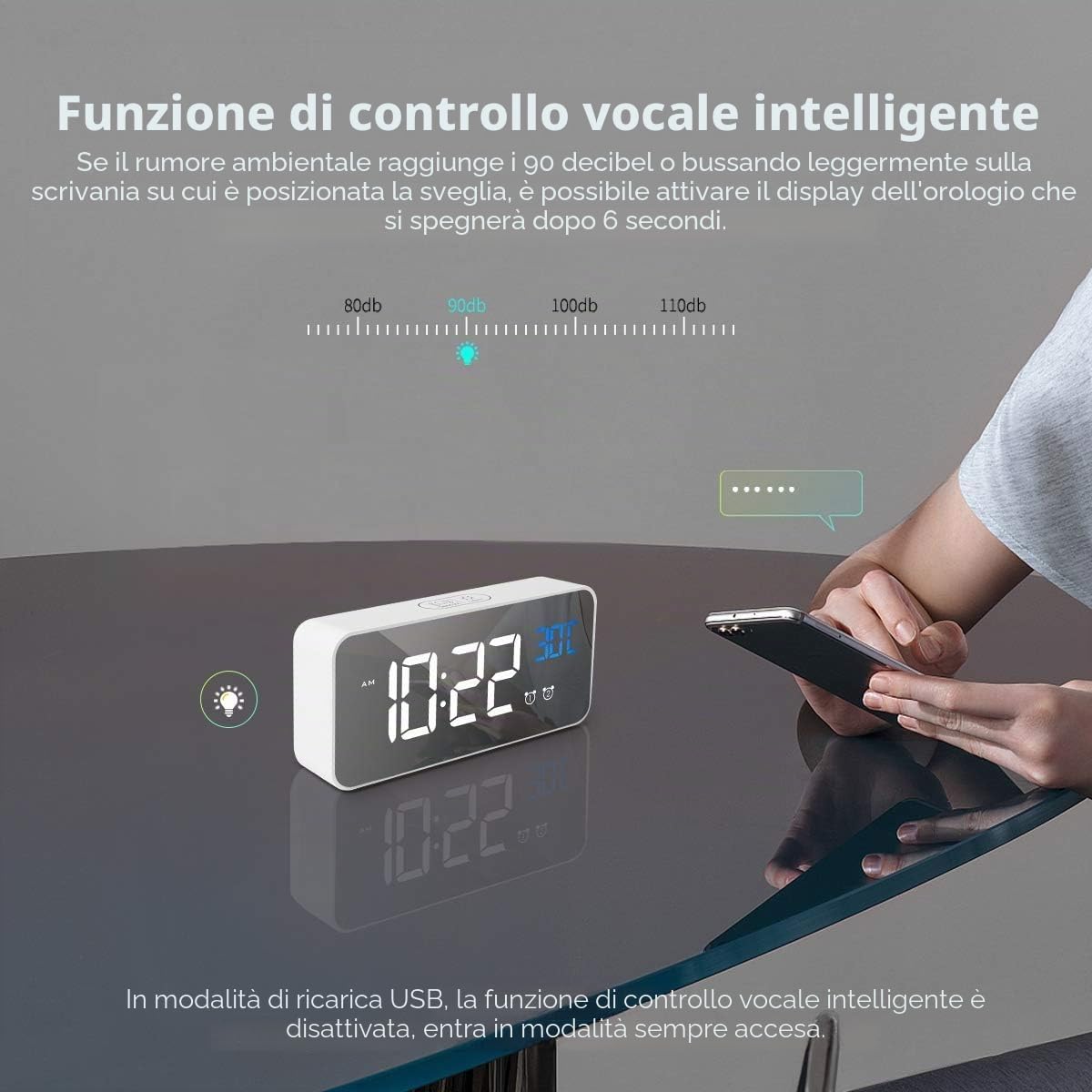 Sveglia Digitale con Grande Display LED, Temperatura, Doppio Allarme a Specchio, Portatile, luminosità Regolabile su 4 Livelli, 13 suonerie.
