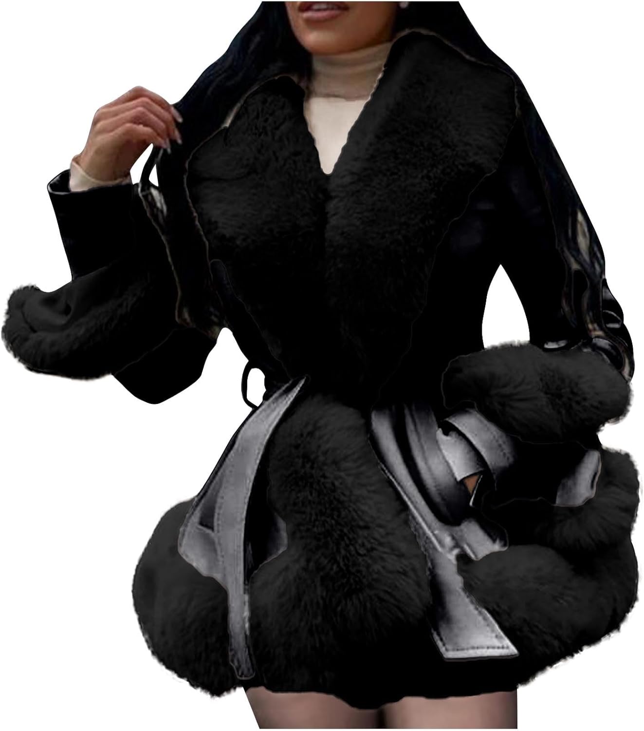 Faux Fur Coats for Women Winter Warm Jackets Plus Size Fuzzy Jacket Thick Coat Fleece Overcoat with Belt