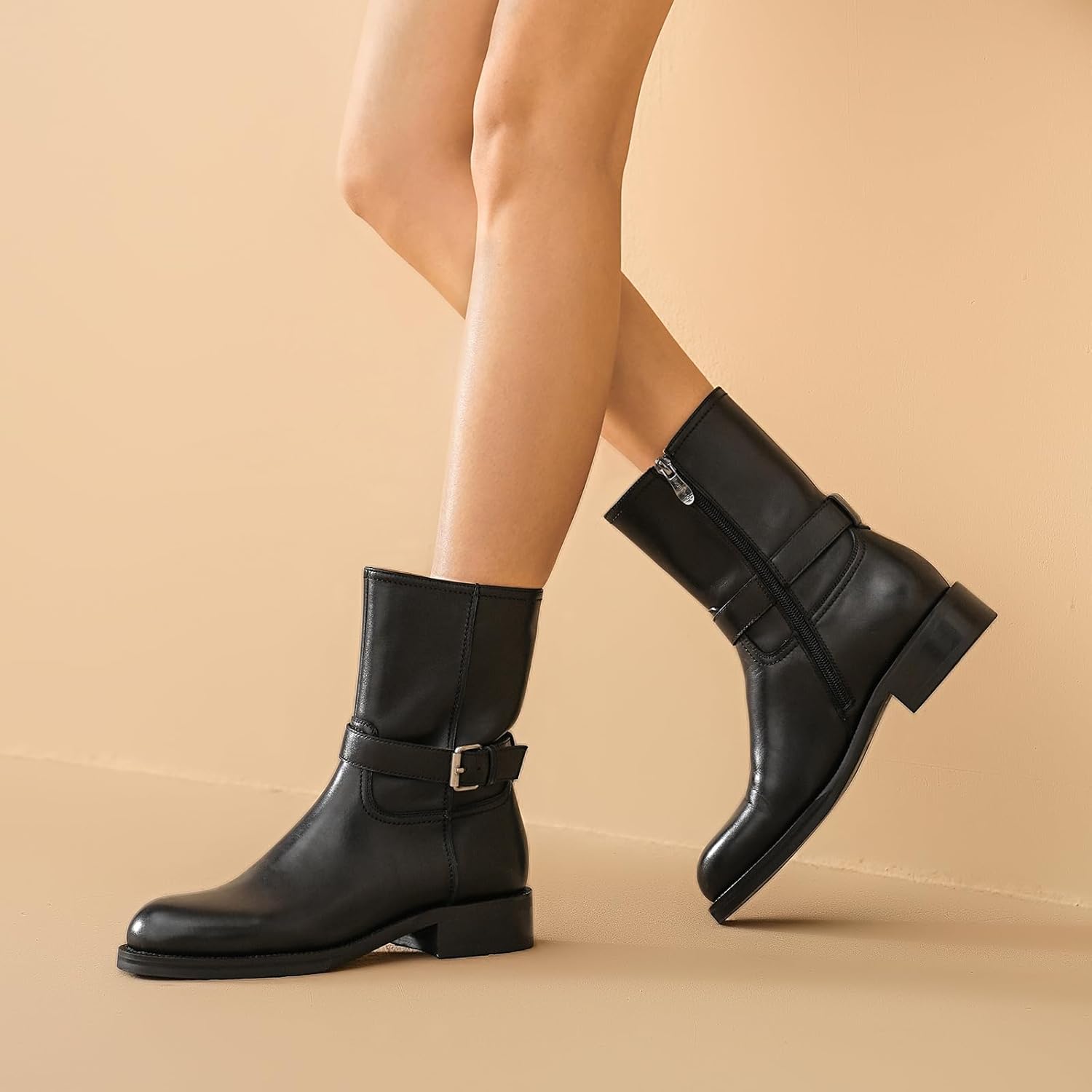 BEAU TODAY Motorcycle Boots Women, Genuine Leather Platform Ankle Boots, Womens Round Toe Chunky Low Heel Biker Boots, Fashion Outdoor Non Slip Moto Boots with Buckles - Image 3