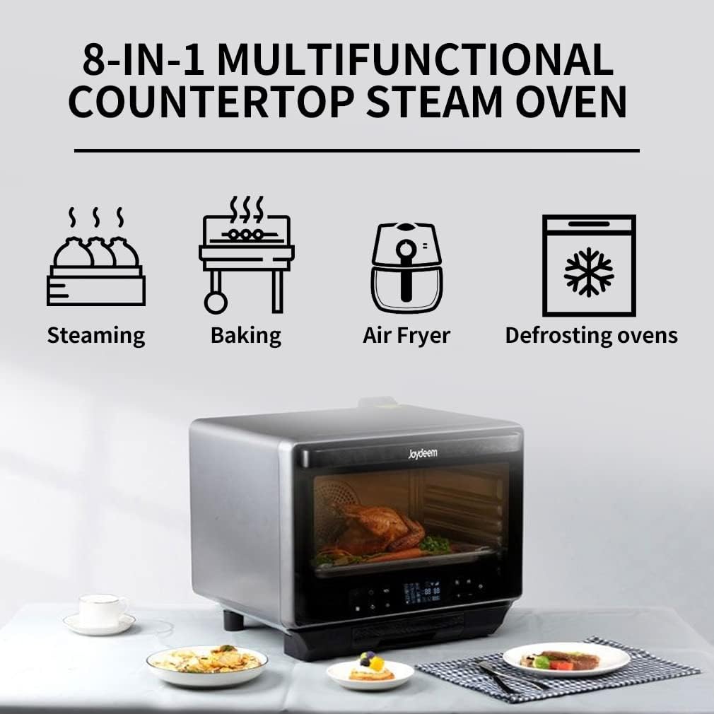 Diagram showing 8-in-1 functions: Steaming, Baking, Air Fryer, Defrosting ovens