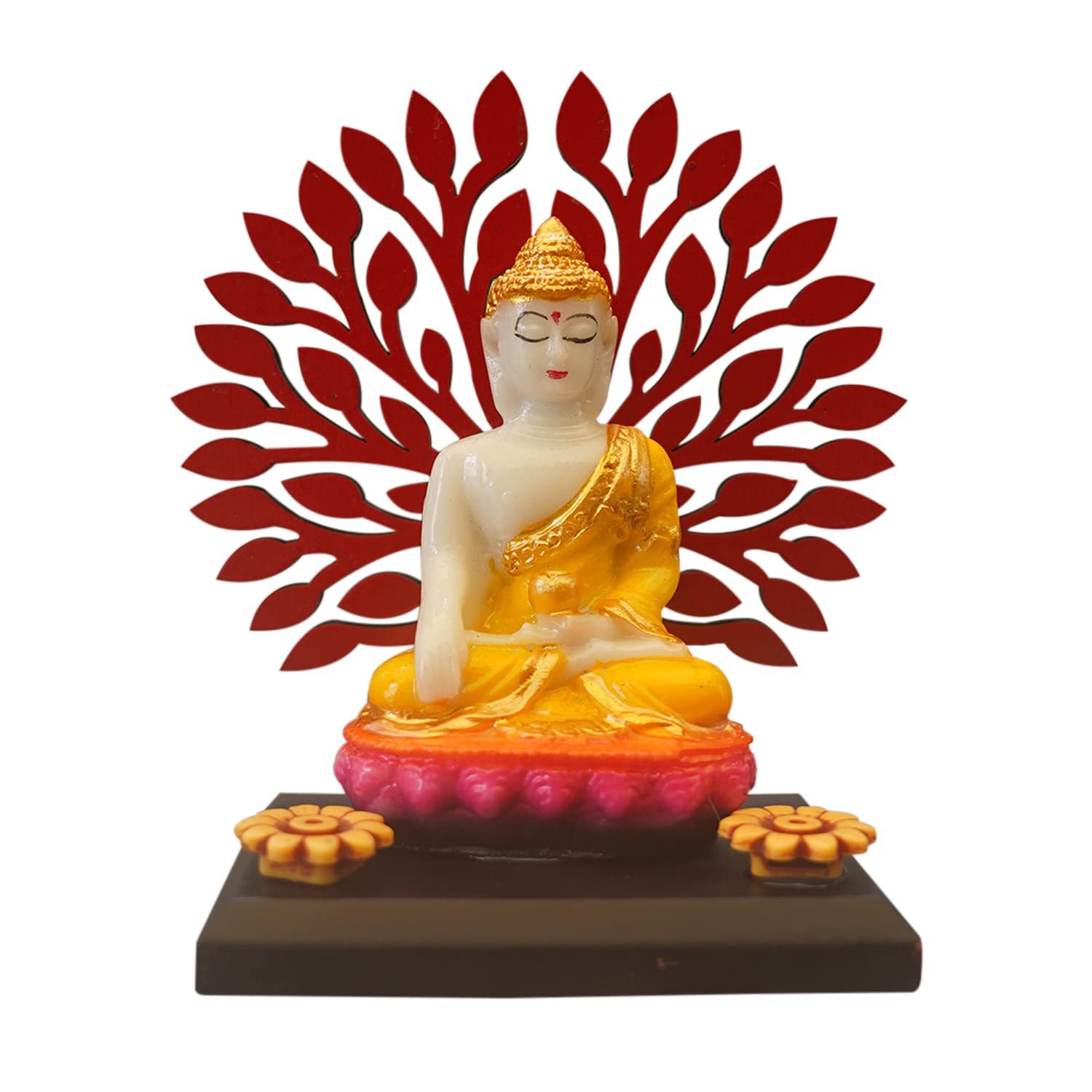 Chaque Decor Sitting Buddha Idol Statue Showpiece-with Wooden Bodhi Tree for Living Room Home Decor and Gifts | 5 Inchs