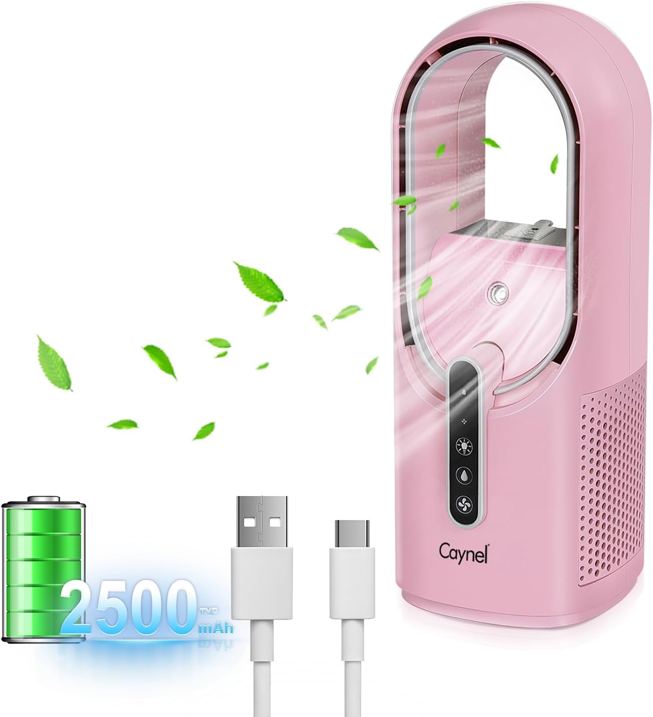 CAYNEL Desktop Fan, 11.8 Inch Portable Bladeless Desktop Personal Fan with 7 Colors Ambient Light, 3 Fan Speeds, Humidifier Electric Fan for Home, Office and Bedroom (Pink)