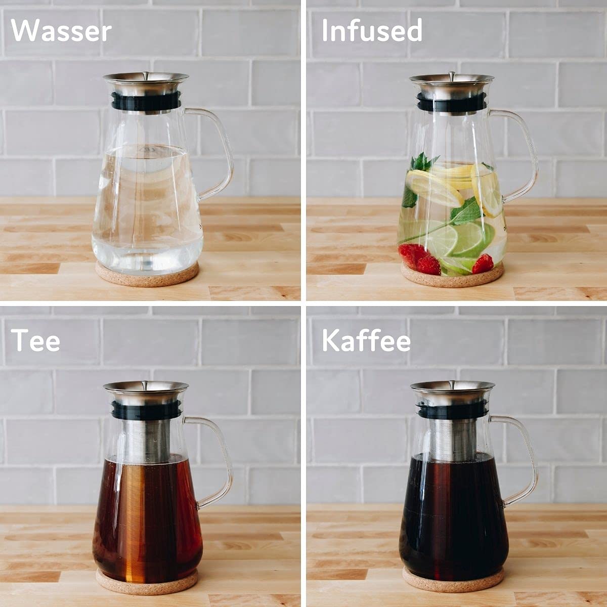 buntfink MultiPitcher zaparzacz do kawy 3 w 1 do Cold Brew Coffee | szklana karafka 1,5 l | karafka na wodę z pokrywką ze stali nierdzewnej | zaparzacz do kawy na zimno i herbaty | bez plastiku