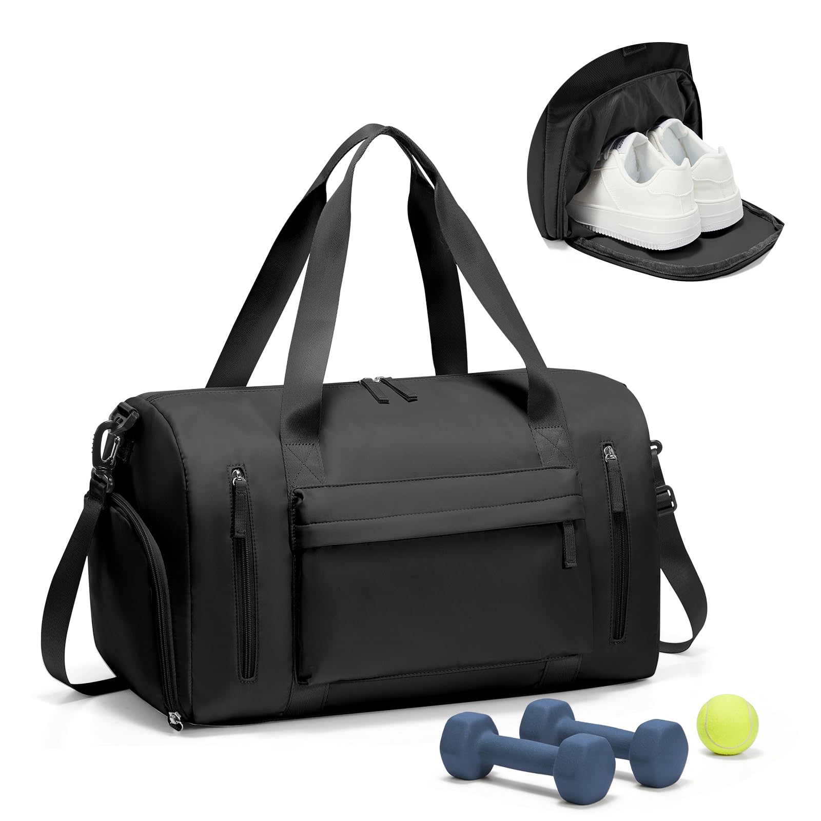 Gym Bag Womens,Travel Duffel Carry on Bag Sport Tote Bag Weekend Overnight Bag, J1-Black, 18.5 x 9.05 x 10.62 inches, Gym Bag