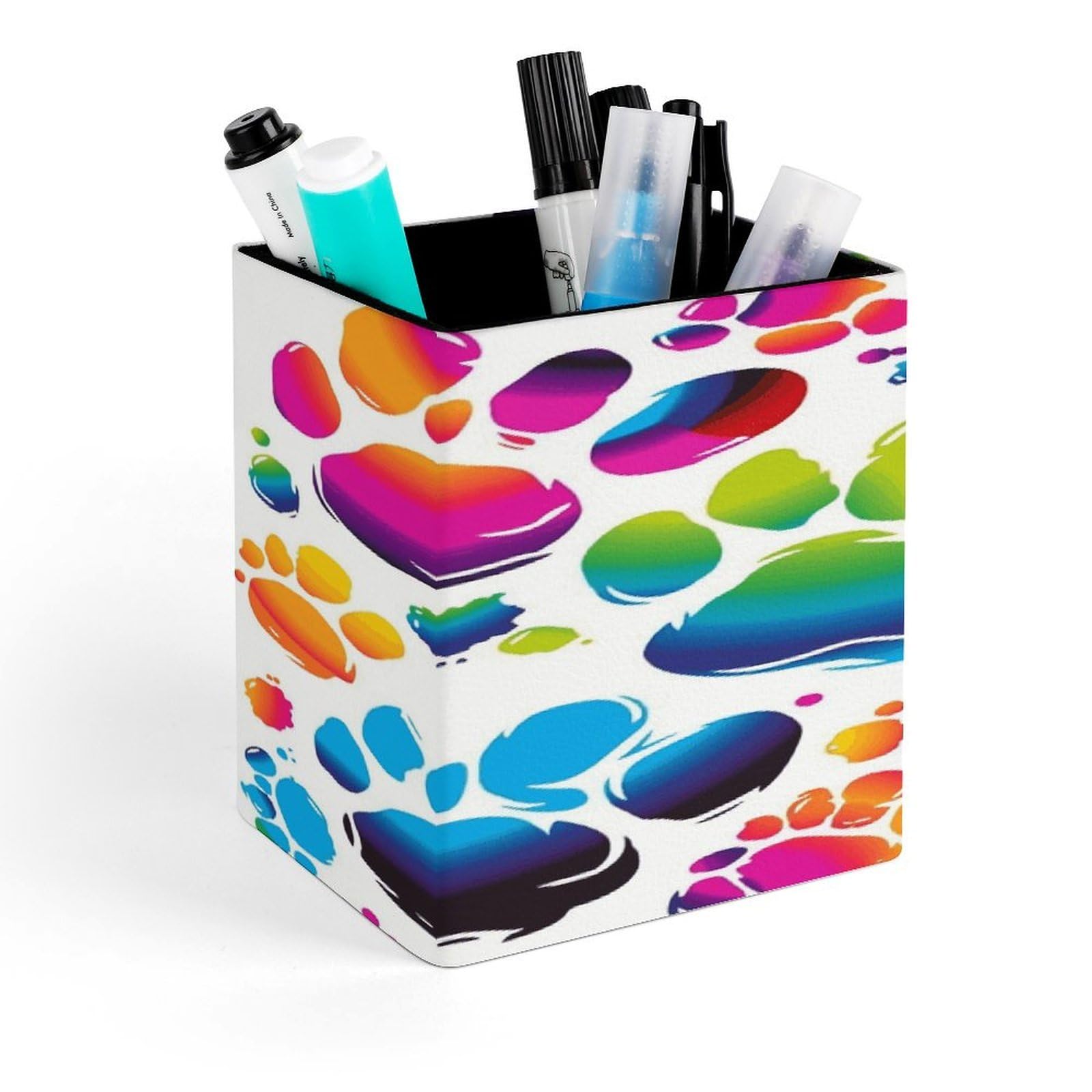 LZQPOEAS Colorful Dog Paw Print Square Pen Pencil Holder PU Leather Pencil Cup Desktop Stationery Organizer Office Accessories Container