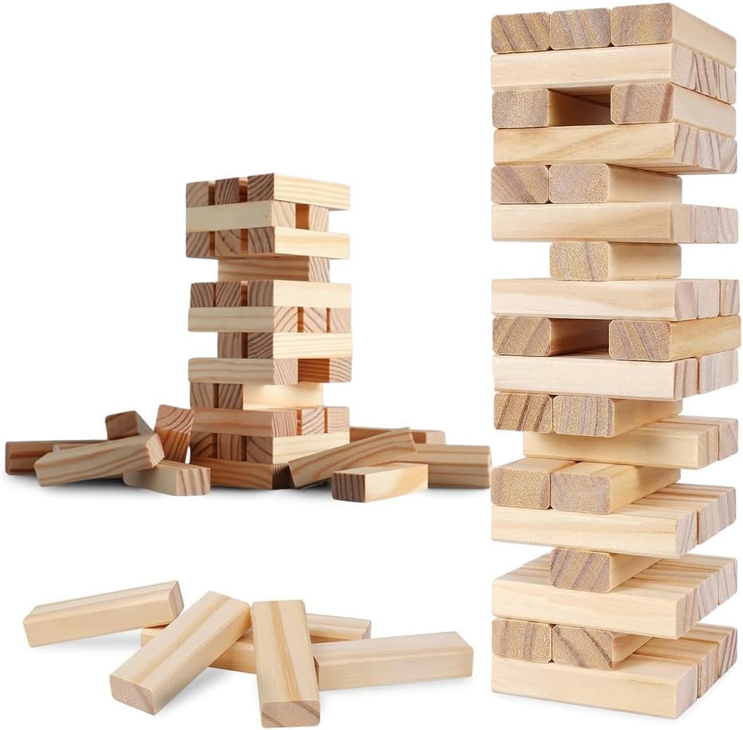 Wooden Number Stacking Tower Game 54 Pcs | Classic Tumble Blocks Maths & Balance Game for Kids & Adults | Indoor Family Party Fun Toy | 18 cm