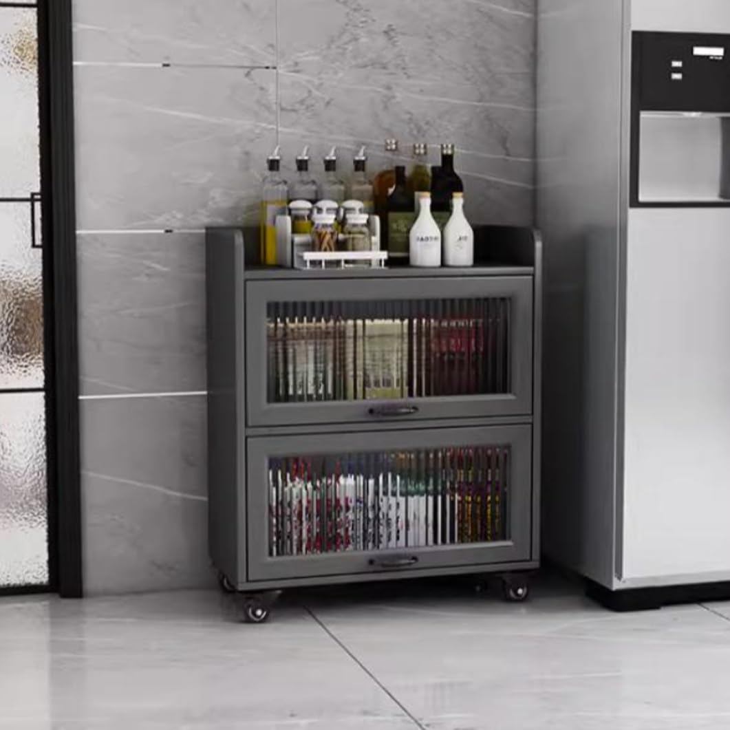 YVYKFZD Rolling Spice Rack, Slim Storage Cart, Mobile Kitchen Utility Cart with Wheels and Tempered Glass Doors, Narrow Standing Shelf, Space Saving Bathroom Organizer(Gray,3 Tier 19.6"x13.7"x35.7")