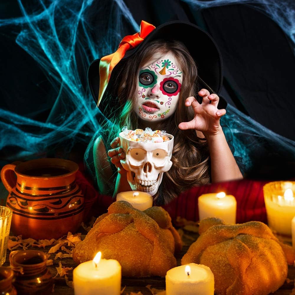 Tatuaże na twarz z motywem "Dzień Zmarłych", 10 sztuk – tymczasowe tatuaże z czaszką, wodoodporne róże na Halloween, karnawał, Dia de los Muertos – dla kobiet, mężczyzn, dzieci (wielokolorowe