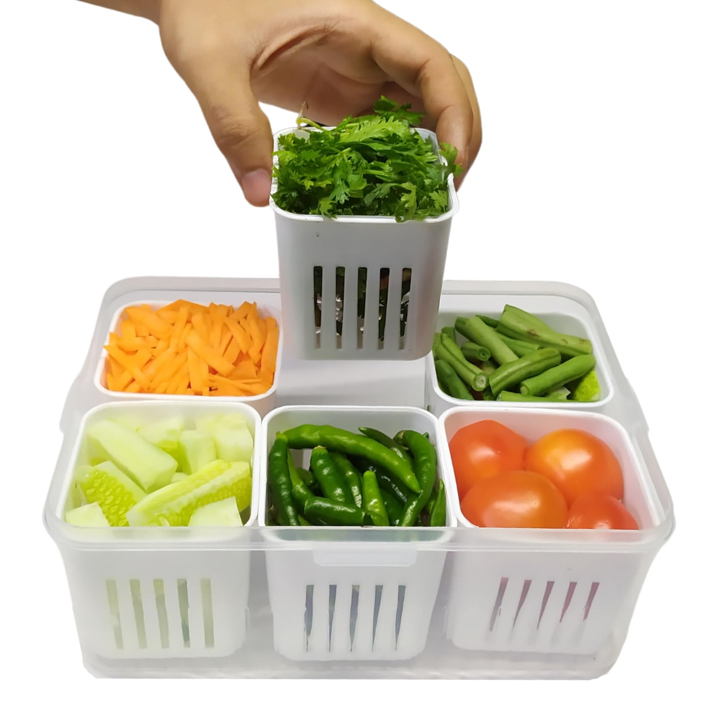 IR SIMPLY ™ 6-Compartment Stackable Fridge Storage Box with Removable Dividers | Transparent, Freezer-Friendly Organizer for Food & Vegetables | Perfect for Kitchen Pantry & Meal Prep