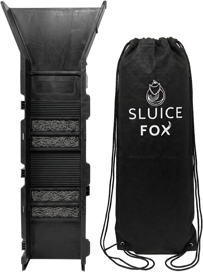 Portable sluice box for gold mining and prospecting; includes miner's moss, Hungarian style riffles, and deep V riffles. Essential tool for gold panning kits