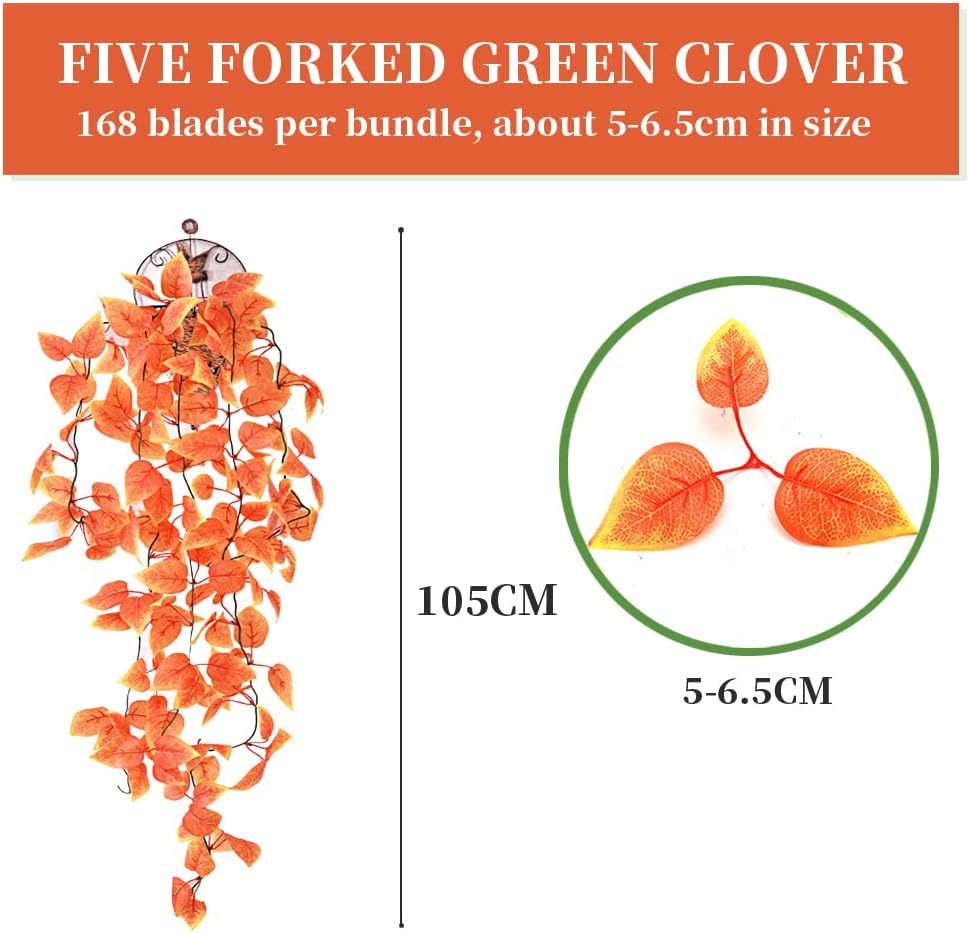 4Pack Orange Green Dill Leaves Artificial Hanging Plants, 3.44ft Fake Hanging Plant, 5 Forked Fake Ivy Vine Plants Artificial Vines for Wall Indoor Outdoor Garden Party Decoration (No Baskets)