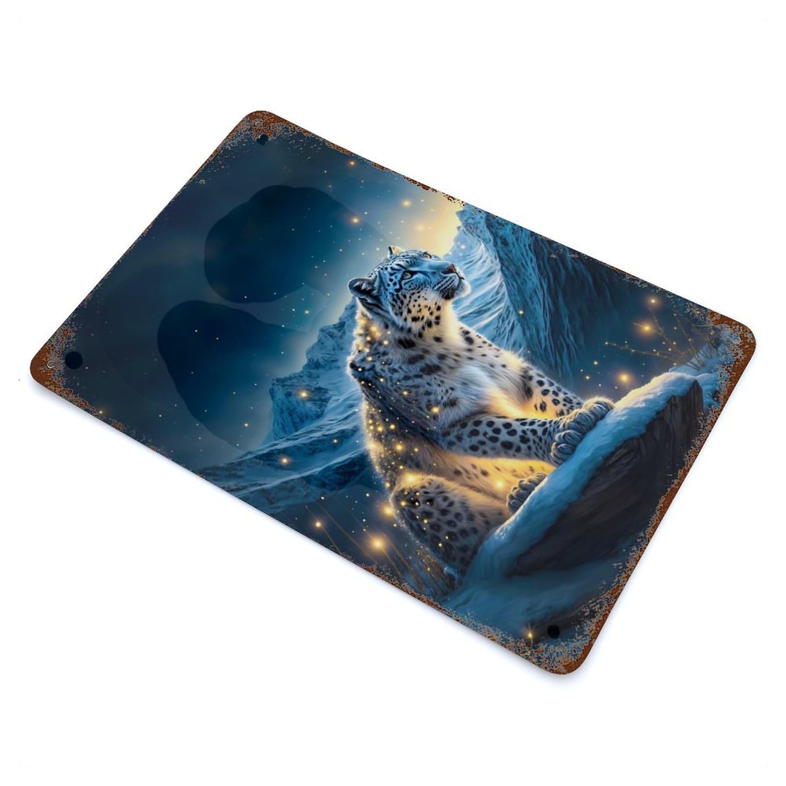 Rustic Tin Plaque A Snow Leopard 11.8"x7.9", Retro Wall Decor for Shed, Workshop And Garage Wall Decor