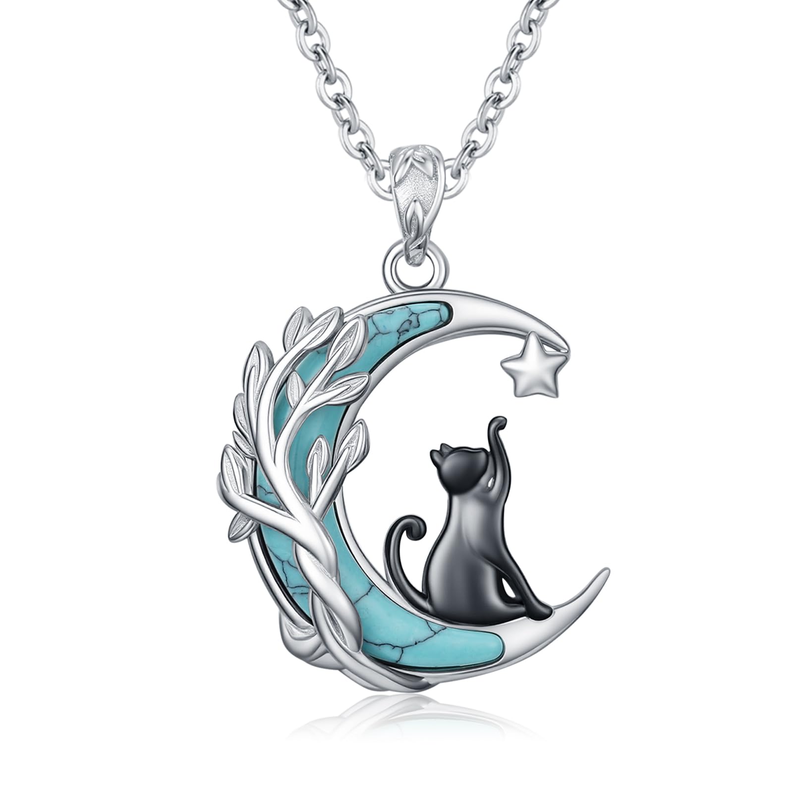 Katzen Halsketten für Damen 925 Sterling Silber Schwarzem Katzen Mondanhänger Katze Anhänger kette für Tierliebhaber Kätzchen Schmuck Geburtstags Geschenke für Mädchen