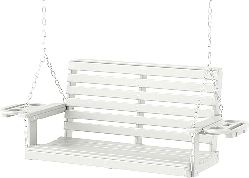 Miniatura 8 de FOOWIN Columpio para porche, columpio de patio de 4 pies con portavasos, cadenas colgantes ajustables, columpio de polietileno de alta densidad para