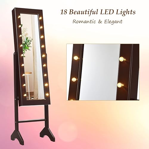 Miniatura 5 de Giantex Armario de joyería de pie con 18 luces LED alrededor de la puerta gabinete de joyería grande con espejo de longitud completa 16 soportes