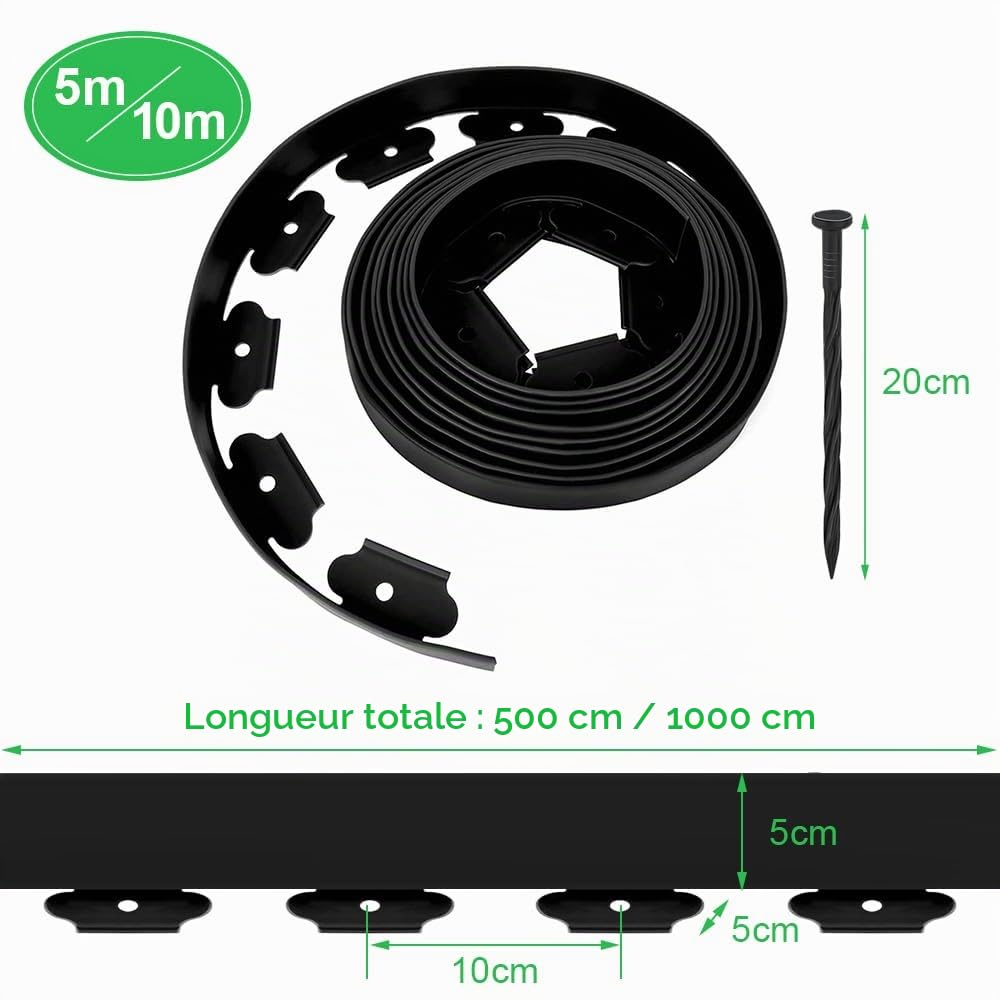 Bordure de Jardin Flexible 10m × 5cm, Bordures de Jardin avec 30 Piquets d'ancrage, Bordure Jardin Exterieur Plastique, Bordurette de Pelouse Flexible, Bordure de Gazon Piquet Idée de Jardin (Noir)