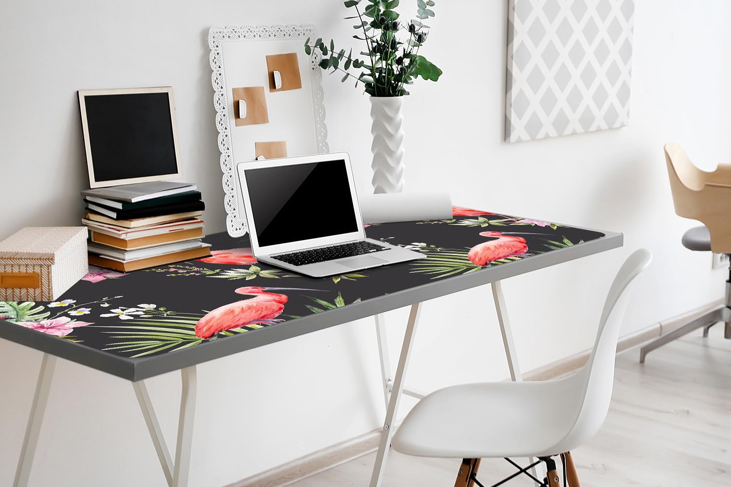 Tappetino da Scrivania 100x50 cm Protezione e Decorazione in Vinile PVC Antiscivolo Impermeabile Facile da Pulire Superficie Protettiva per Ufficio e Casa - fenicottero nero