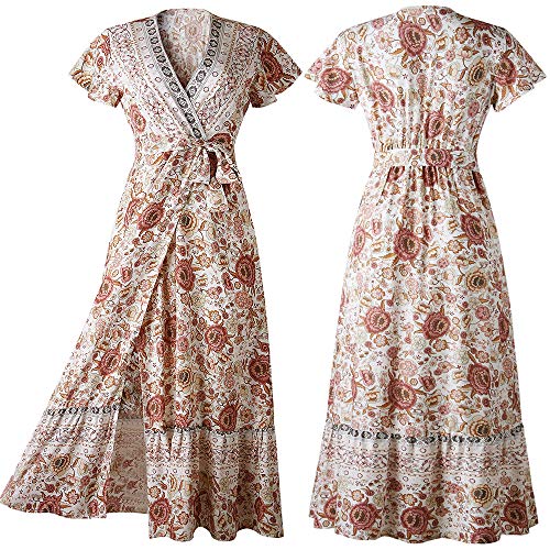 Image of PRETTYGARDEN Women Boho Summer Side Split Deep V Neck Short Sleeves Maxi Dress with Belt