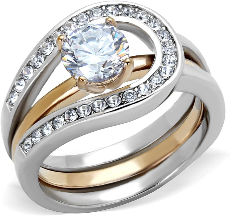 Marimor Jewelry 1 Carat Round Cut Two Toned Stainless Steel 2 Piece Wedding Ring Set Women's Size 5-10