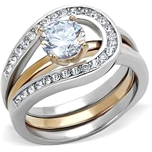 Marimor Jewelry 1 Carat Round Cut Two Toned Stainless Steel 2 Piece Wedding Ring Set Women's Size 5-10