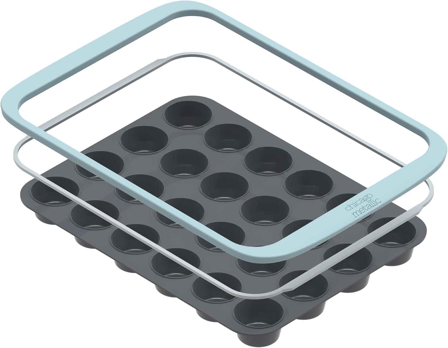 Chicago Metallic Silicone Mini Muffin Pan 24 Cup, Nonstick Cupcake Pan with Wire-Reinforced Rim, Oven Safe Flexible Baking Mold for Muffins, Egg Bites, and More, Blue, 14.6 x 10 Inches