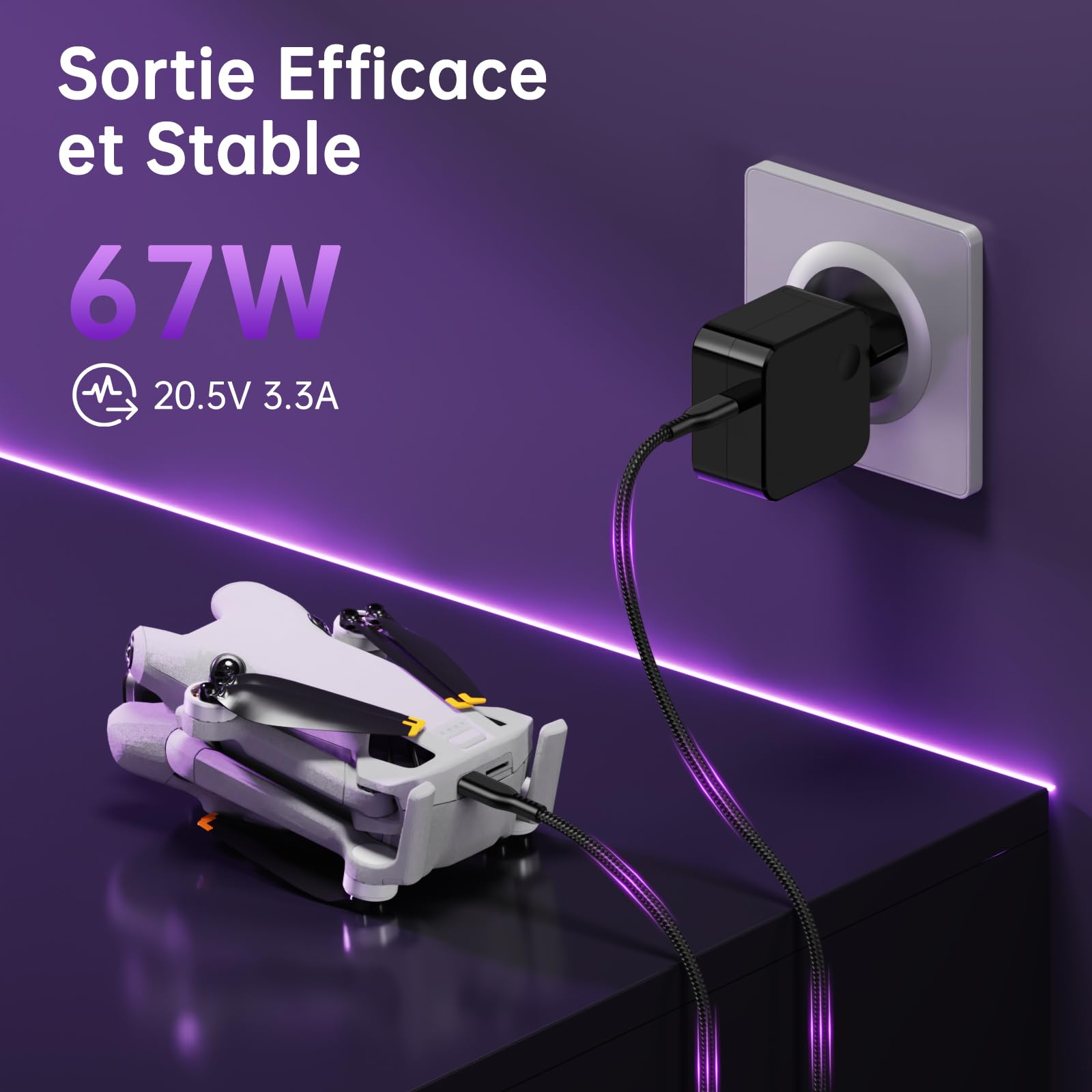 GaN 67W USB C Chargeur pour DJI Drone Mini 5 Pro/4 Pro/3 Pro/3/Neo 2, Mavic 3 Pro/3 Classic, Air 3S/3, Avata 2, Osmo 360/Action 6/5 pro/4, Pocket 3/2, Nano, Mobile 8/7 Pro/7/6, 65W Type C Alimentation