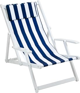 Outsunny Outdoor Folding Sun Lounger, Patio Beach Recliner, 3-Level Adjustable Backrest Chaise Lounge Chair with Padded Pillow Wood Frame, Blue & White Stripes
