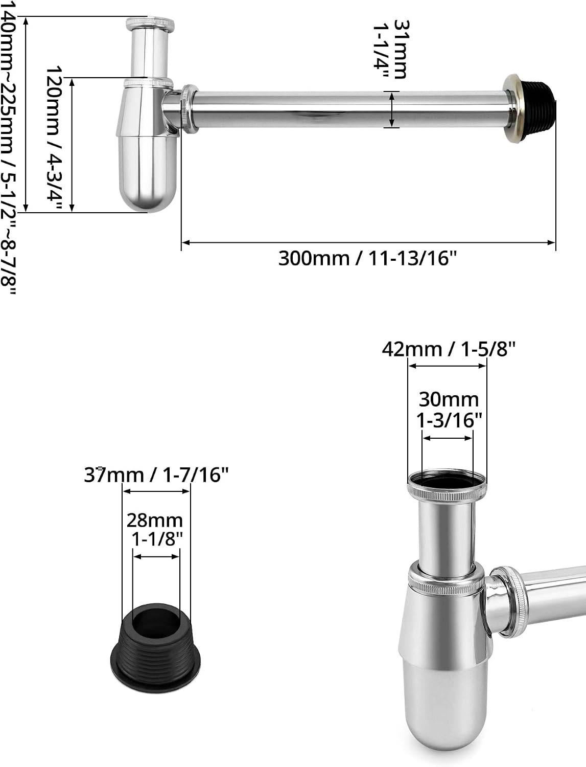 QWORK Chrome Bathroom Basin Sink Bottle Trap Waste Pipe, Universal Round P Trap Waste Drain kits, Drain Tube Kit, 1-1/4" Slip Inlet Drain Tube, 1 Set