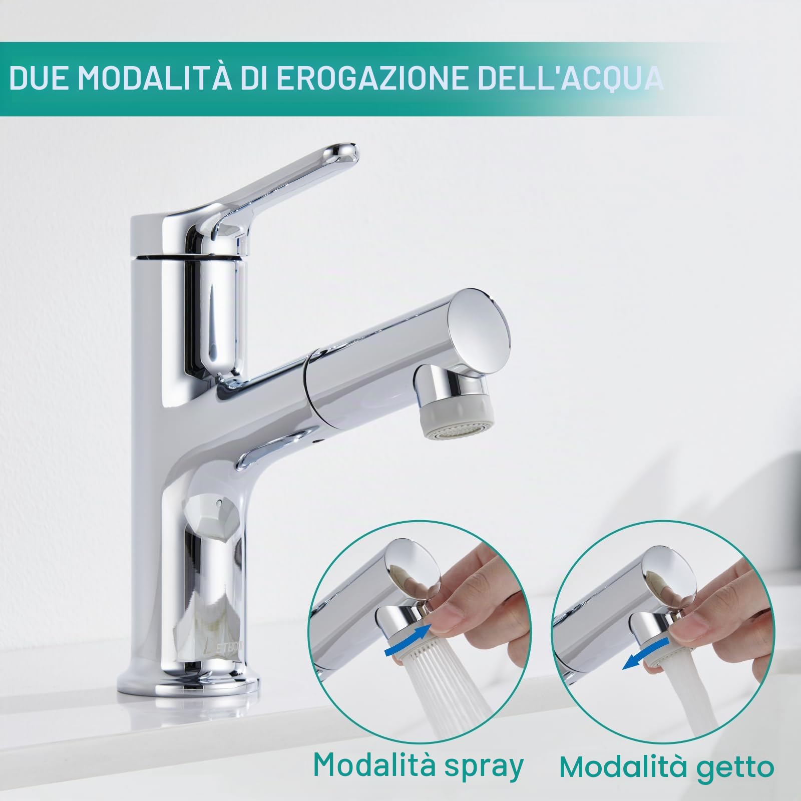 Rubinetto Bagno con Doccetta Estraibile a 2 Modalità, DETBOM Miscelatore Lavabo Bagno, Rubinetti Monocomando, Adatto Lavabo da Appoggio, Aeratore Rimovibile, Acqua Calda/Fredda, Senza Piombo, Cromato