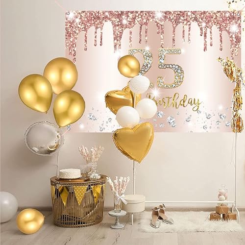 Miniatura 3 de Decoraciones de cumpleaños número 25 para mujeres, cartel de tela de 25 años, decoración de fiesta, fondo de fotos de oro rosa, suministros de