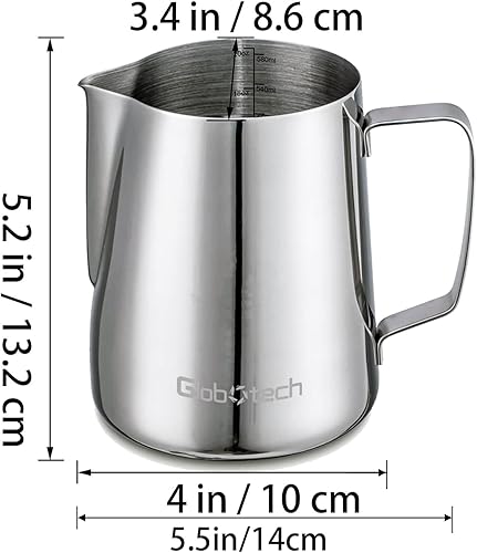 Miniatura 19 de Jarra de espuma de leche de acero inoxidable de 12 onzas, 11.8 fl oz, accesorios para máquina de café expreso, jarra al vapor para tazas de café 01