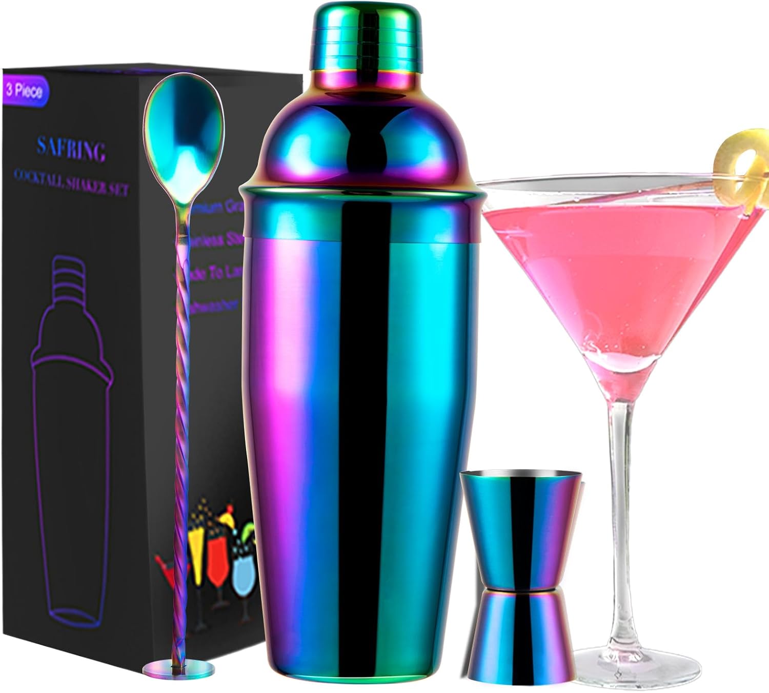 24oz Cocktail Shaker Bar Set, Martini Shaker with Built-in Strainer, Measuring Jigger, Mixing Spoon, Professional Stainless Steel Large Bartender Drink Shaker Margarita Alcohol Mixer-Rainbow - Thumbnail 2