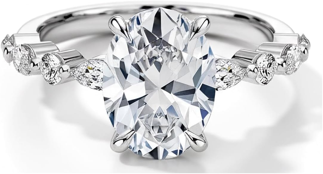 Moissanite Rings for Women 2 CT Oval Engagement Ring with Marquise Band 925 Sterling Silver Rings with 18k White Gold Plated