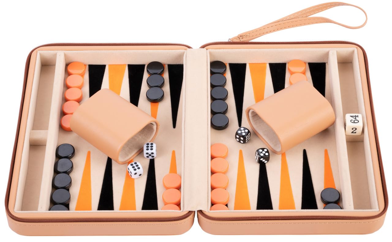 Engelhart - 250501 - Backgammon da Viaggio 9" in Astuccio Beige, Arancione e Nero – Gioco da Tavolo Tascabile