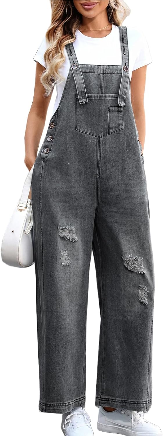 Women's Loose Adjustable Strap Denim Bib Overalls Jeans Distressed Ripped Wide Leg Baggy Overall Jumpsuit