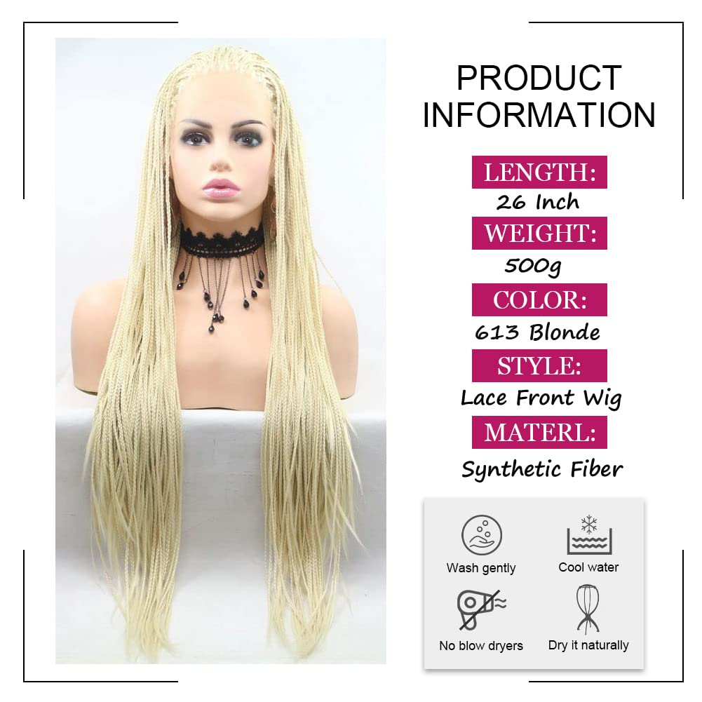 AFBeauty Blonde Micro Braided Wigs Knotless Cornrow Braids Synthetic Lace Front Braided Wig #613 Blonde Box Braided Wig Hand Braids for Women 26’’ - Image 3