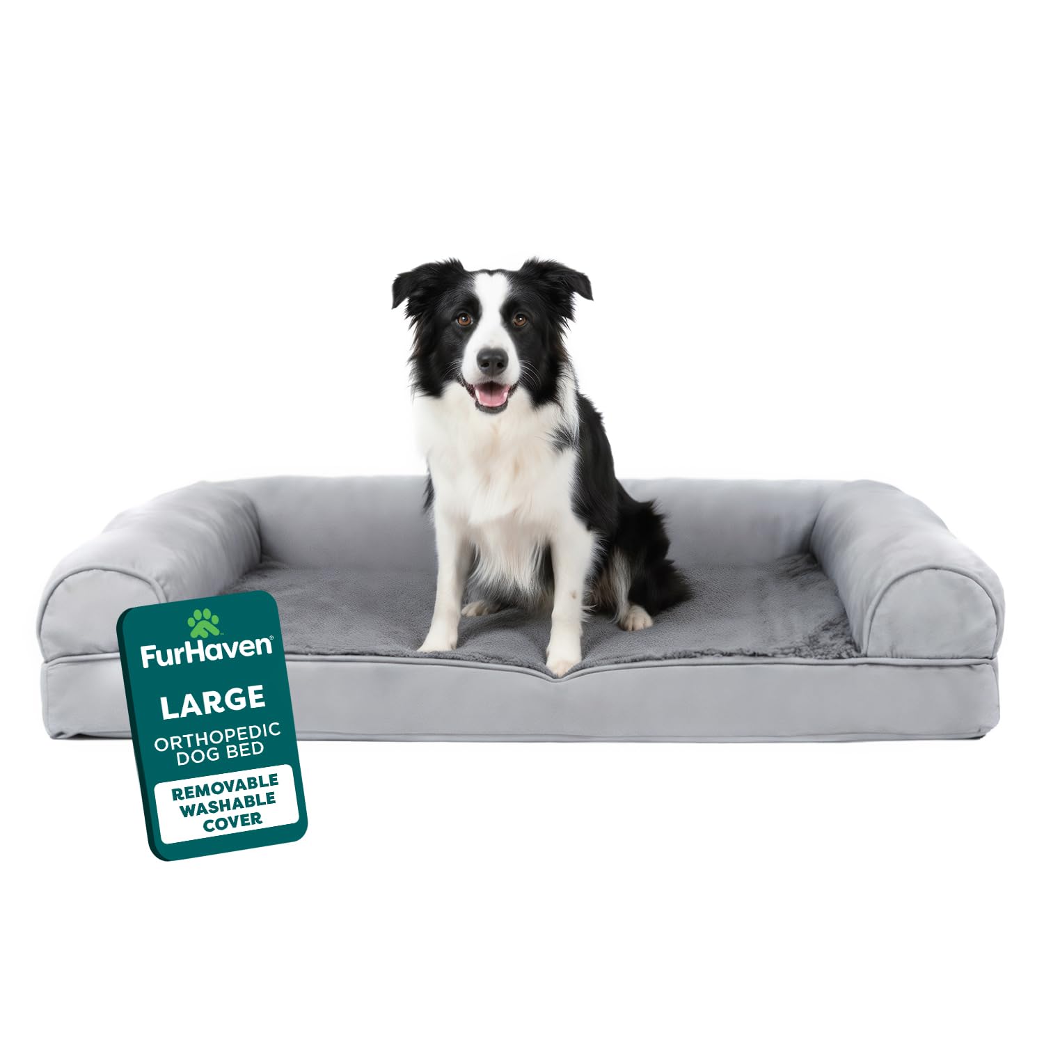 Furhaven Orthopedic Dog Bed for Large/Medium Dogs w/ Removable Bolsters & Washable Cover, For Dogs Up to 55 lbs - Plush & Suede Sofa - Gray, Large