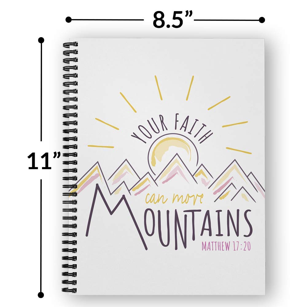 Softcover Faith Moves Mountains Notizbuch/Tagebuch, 21,6 x 27,9 cm, liniert, strapazierfähig, glänzend, laminierter Einband, schwarze Drahtspirale. Hergestellt in den USA