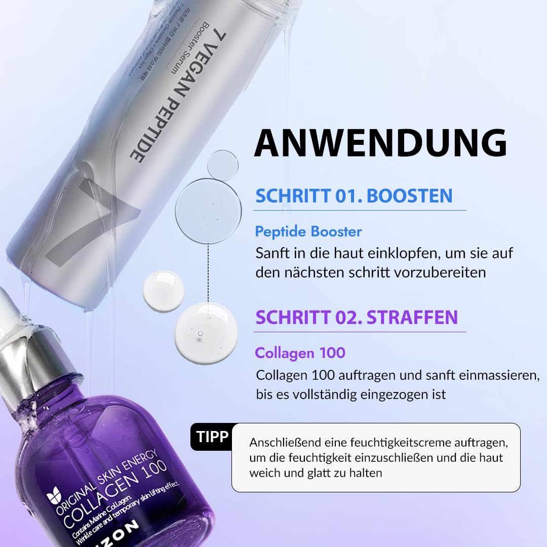 [MIZON] FIRM'N'GLOW COLLAGEN SYNERGY SET - 7 Vegan Peptide Booster Serum 150ml + Collagen 100 Ampoule 30ml, Korean Skincare Routine für Straffheit, Elastizität, Feuchtigkeit & feine Linien