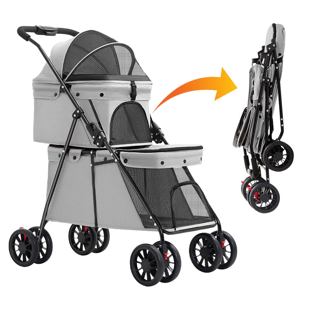 Passeggino a doppio strato, per cani, gatti, animali, viaggi, passeggino, pieghevole, cane, gatto, a quattro ruote, carrozzina, passeggino Buggy, 67 x 50 x 95 cm, grigio